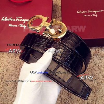 Perfect Replica Salvatoye Ferragamo Black Belt White Back With Gold Buckle